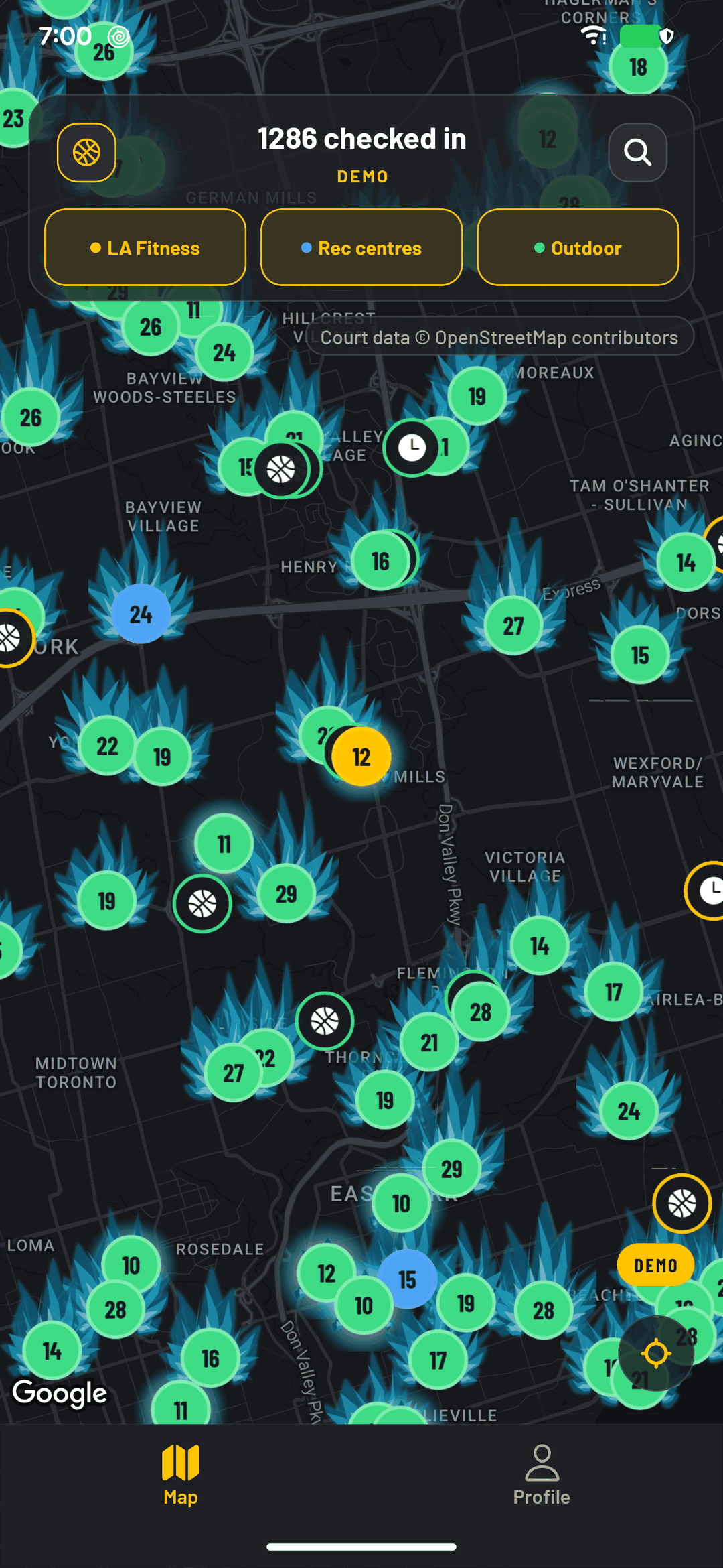 openHoops app map, with demo data, showing basketball court locations around Toronto.