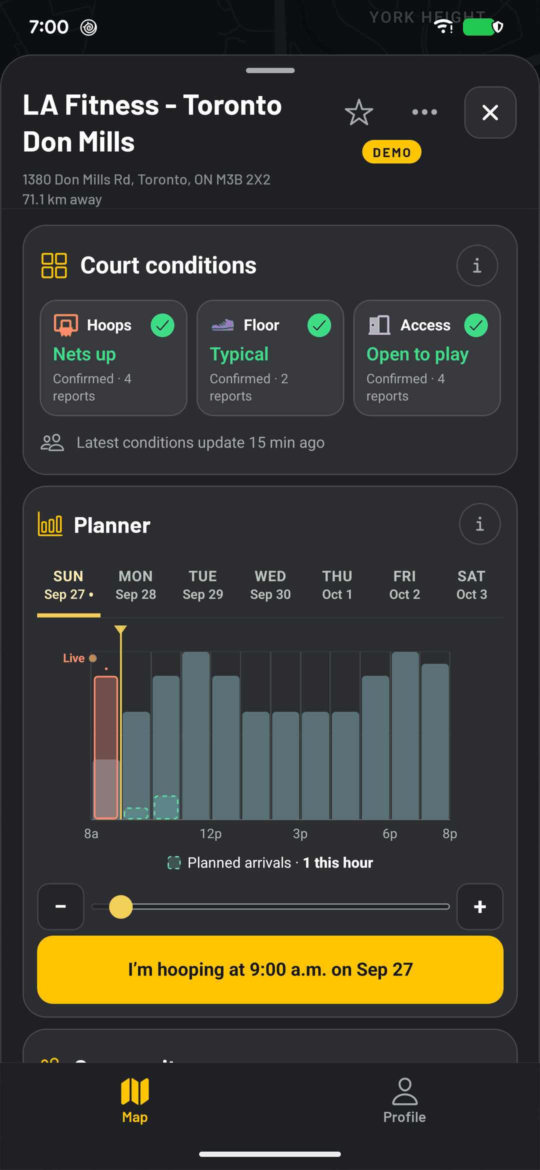 Actual openHoops app screen, with demo data, showing a court's conditions and the Planner chart of expected players by hour.